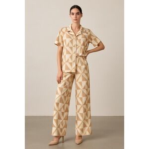 MODERN WORKS Geometric Print Button‎ Up Shirt Wide Leg Pants Pajama Set Women L